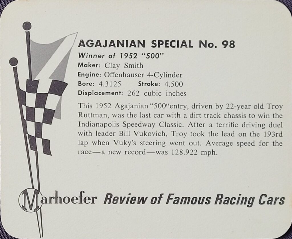 1965 Marhoefer Meats Review of Famous Racing Cars Agajanian Special #98 of Troy Ruttman - Back
