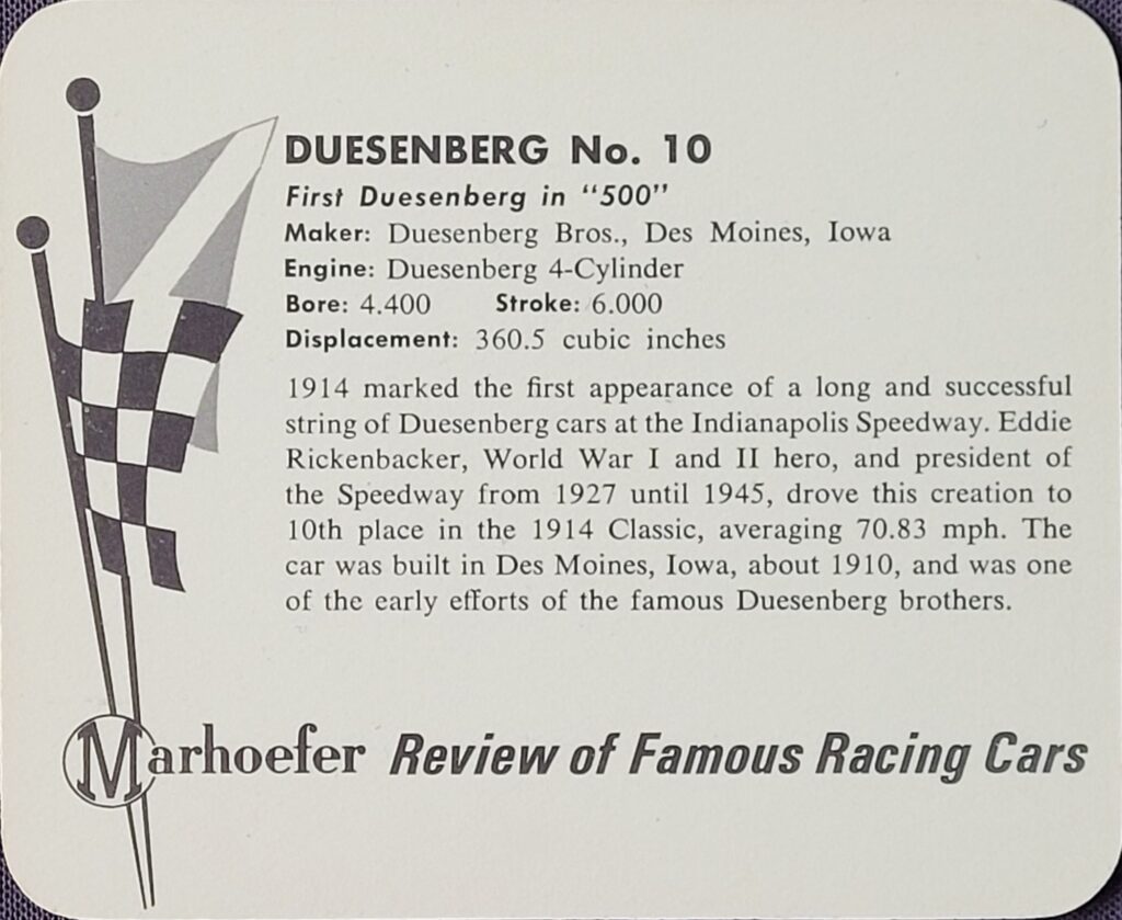 1965 Marhoefer Meats Review of Famous Racing Cars Duesenberg #10 of Eddie Rickenbacker - Back