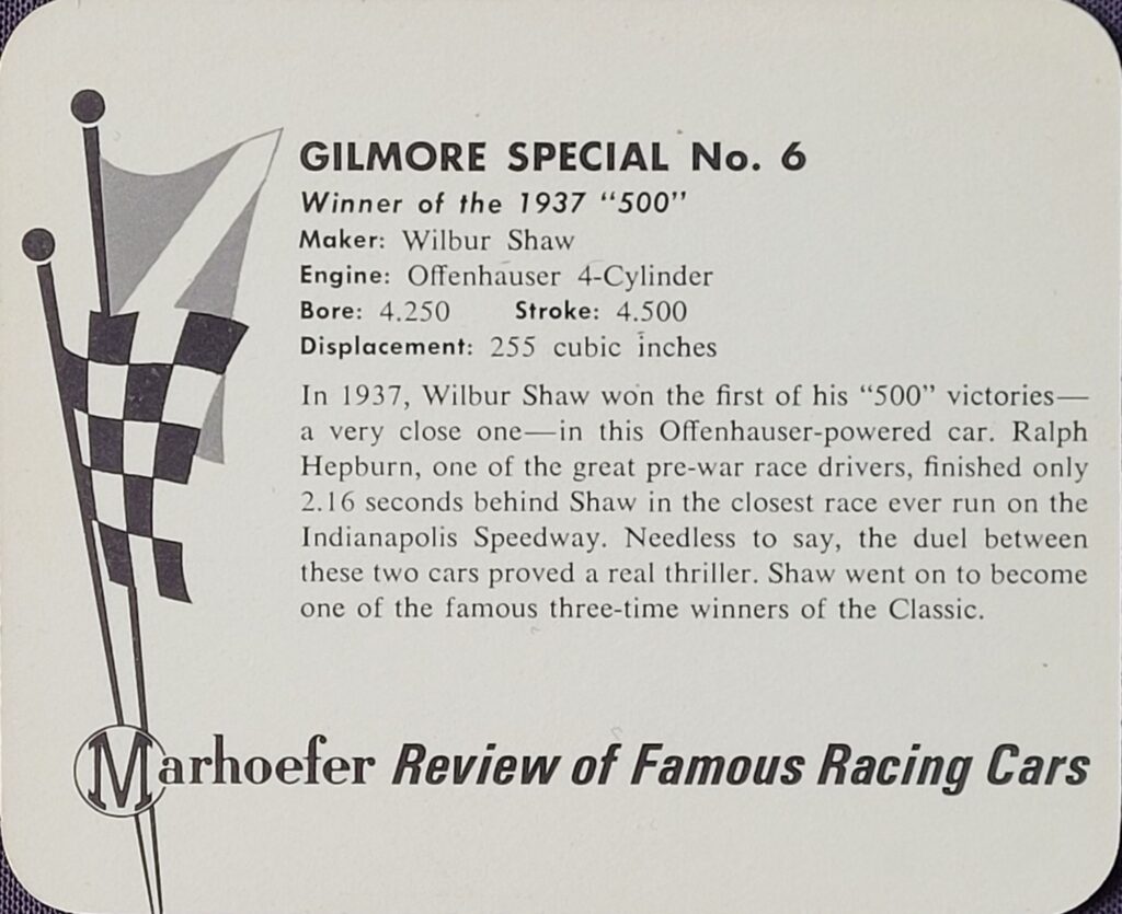 1965 Marhoefer Meats Review of Famous Racing Cars Gilmore Special #6 of Wilbur Shaw - Back