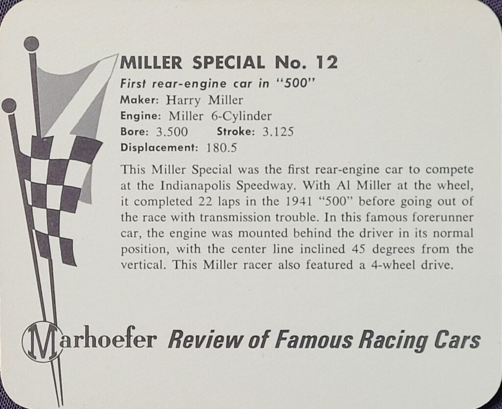1965 Marhoefer Meats Review of Famous Racing Cars Miller Special #12 of Al Miller - Back