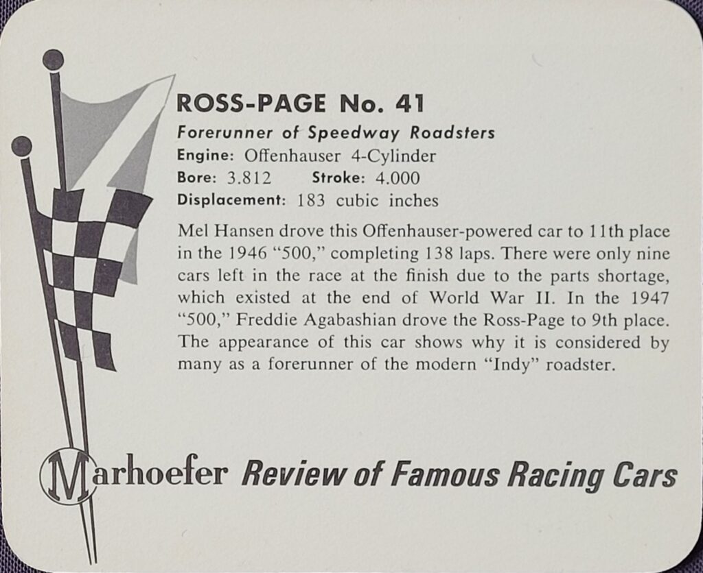 1965 Marhoefer Meats Review of Famous Racing Cars Ross-Page #41 of Mel Hansen and Freddie Agabashian - Back