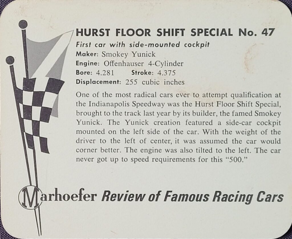 1965 Marhoefer Meats Review of Famous Racing Cars Smokey Yunick Hurst Floor Shift Special #47 - Back
