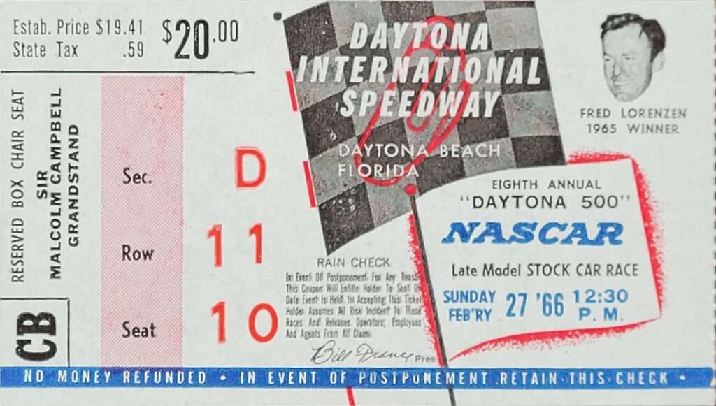 1966 NASCAR Daytona 500 Ticket Stub Front.