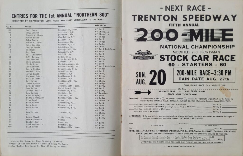 1967 NASCAR Trenton Northern 300 Program - Entry List