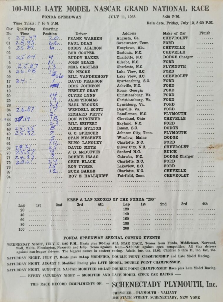 1968 NASCAR Fonda 200 Program Starting Lineup