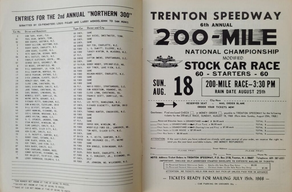 1968 NASCAR Trenton Northern 300 Program - Entry List