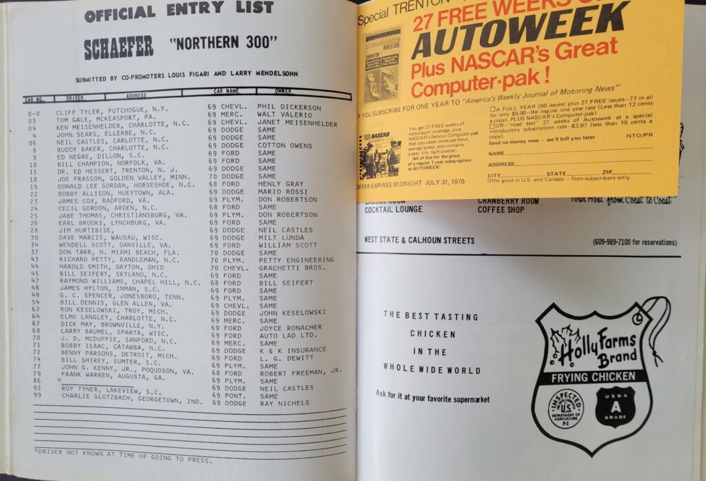 1970 NASCAR Trenton Schaefer 300 Program - Entry List