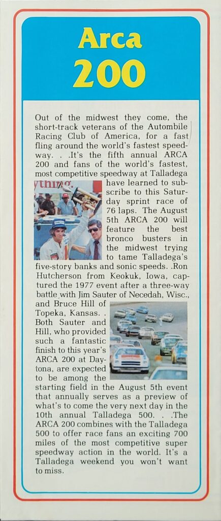 1978 NASCAR AIMS Talladega 500 Ticketing Brochure - Back