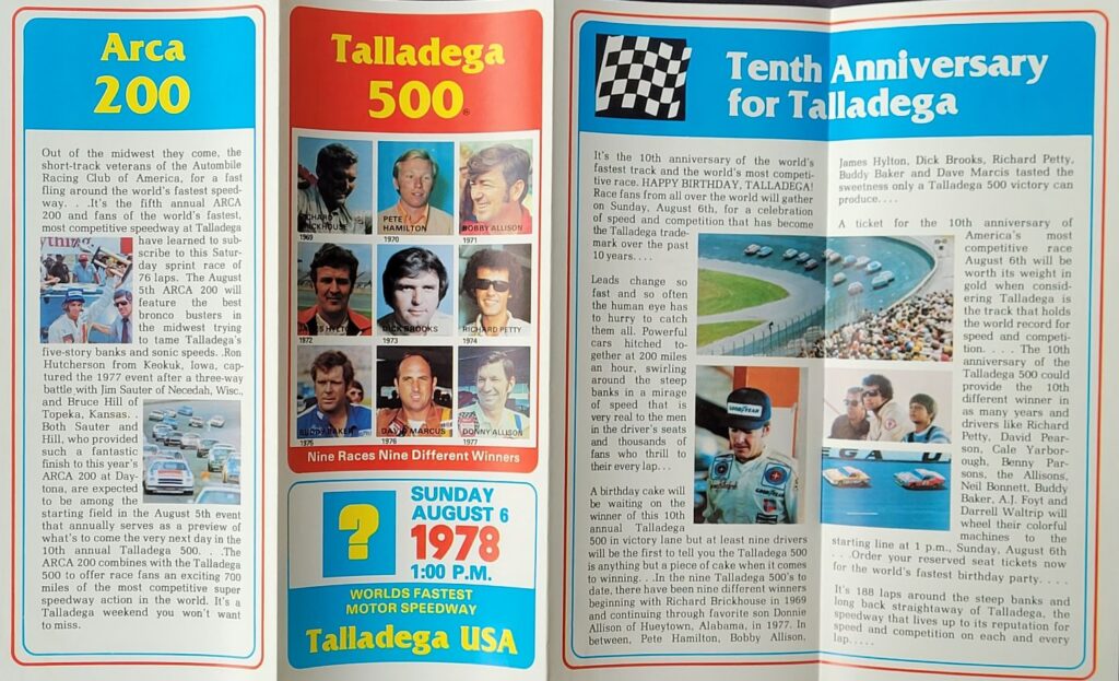 1978 NASCAR AIMS Talladega 500 Ticketing Brochure - Exterior