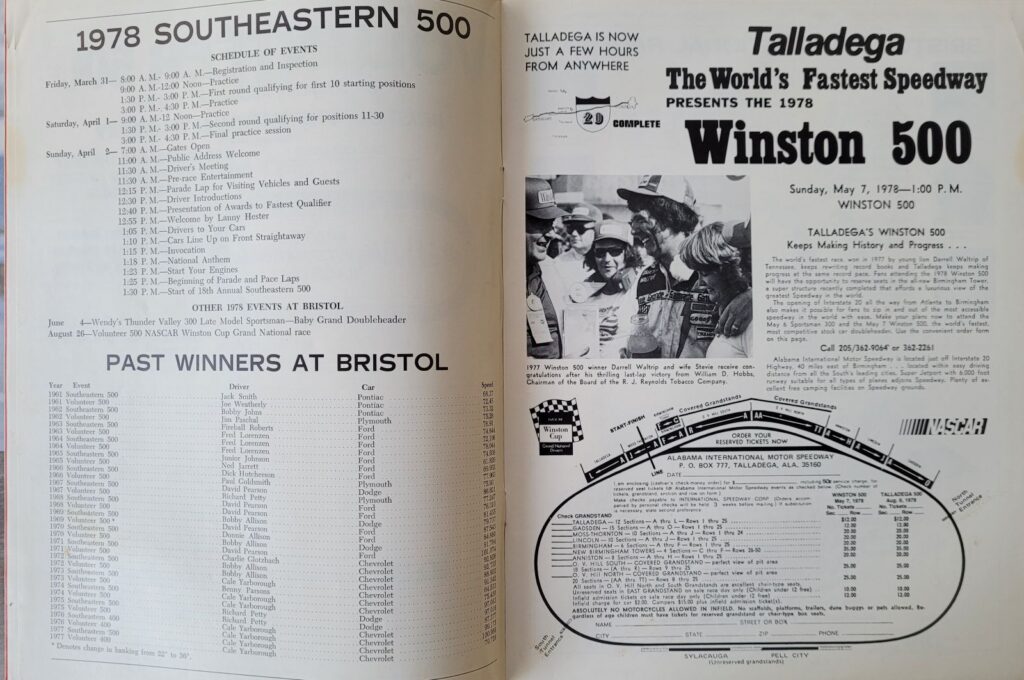 1978 NASCAR Bristol Southeastern 500 Program - Schedule of Events