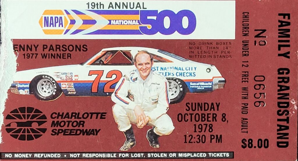 1978 NASCAR Charlotte NAPA National 500 Ticket Stub - Front