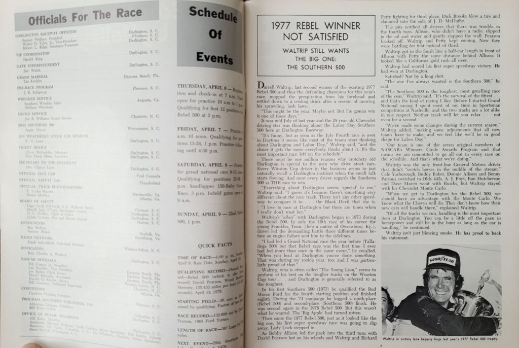 1978 NASCAR Darlington Rebel 500 Program - Pages 6-7