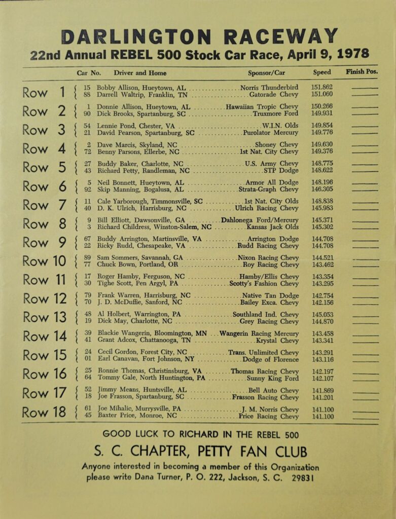 1978 NASCAR Darlington Rebel 500 Starting Lineup