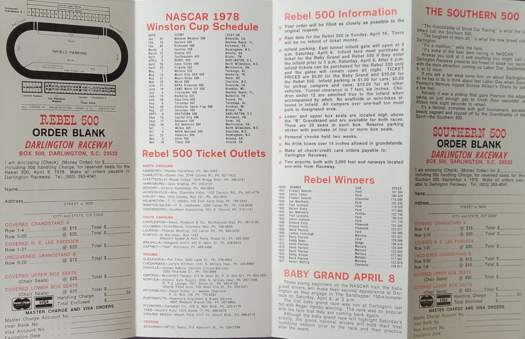 1978 NASCAR Darlington Rebel 500 Ticketing Brochure - Interior