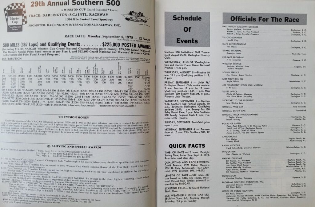 1978 NASCAR Darlington Southern 500 Program - Pages 2-3