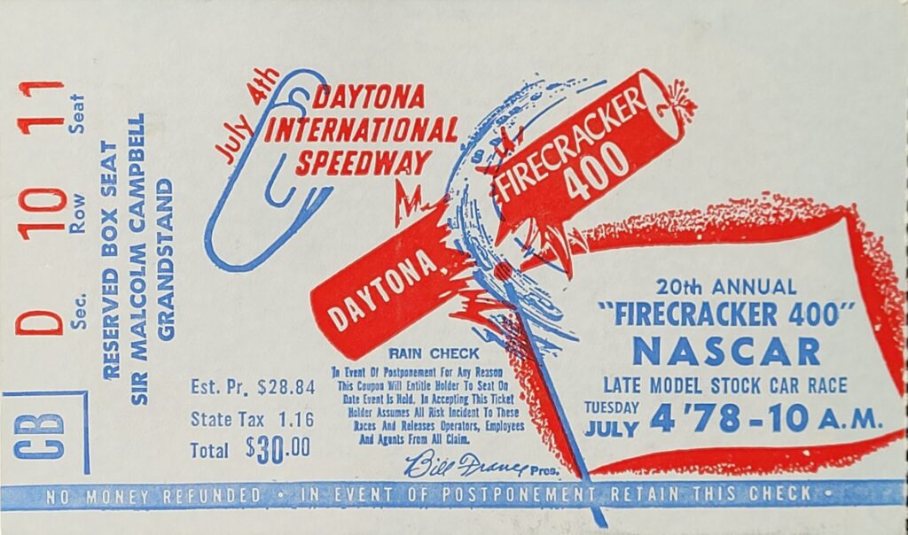 1978 NASCAR Daytona Firecracker 400 Ticket Stub - Front