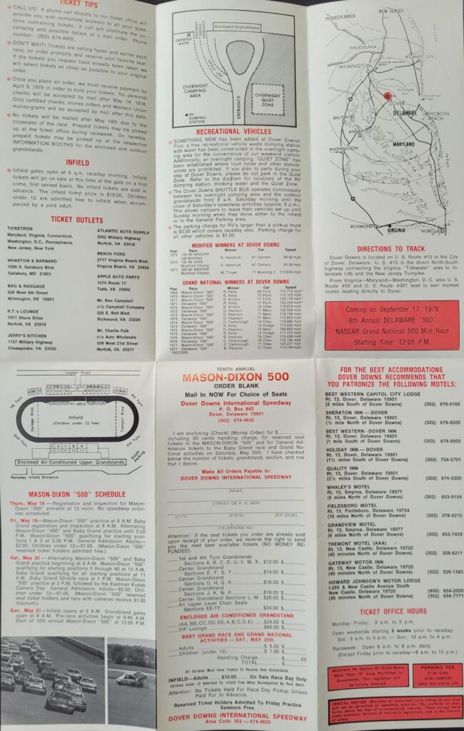 1978 NASCAR Dover Mason-Dixon 500 Ticketing Brochure - Interior