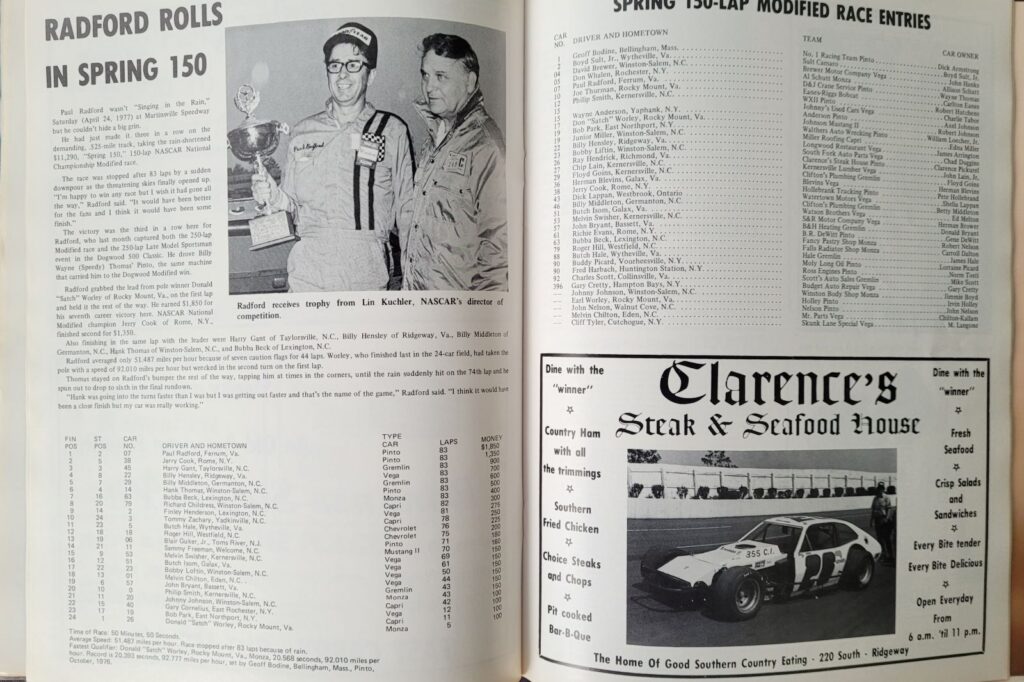 1978 NASCAR Martinsville Virginia 500 Program - Spring 150 Modified Entries