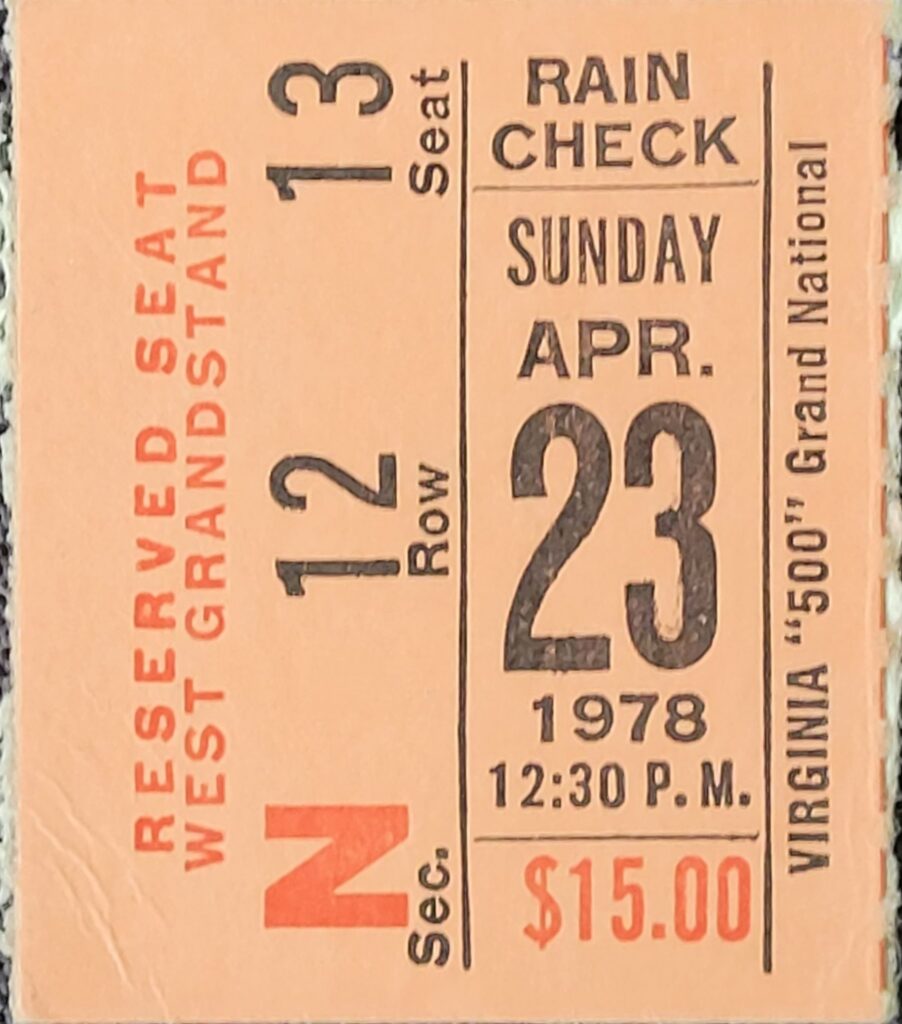 1978 NASCAR Martinsville Virginia 500 Ticket Stub - Front