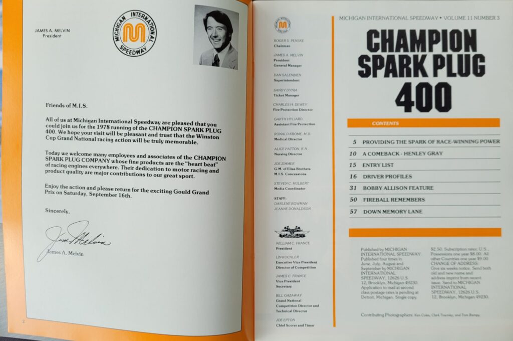 1978 NASCAR Michigan Champion Spark Plug 400 Program - Pages 2-3