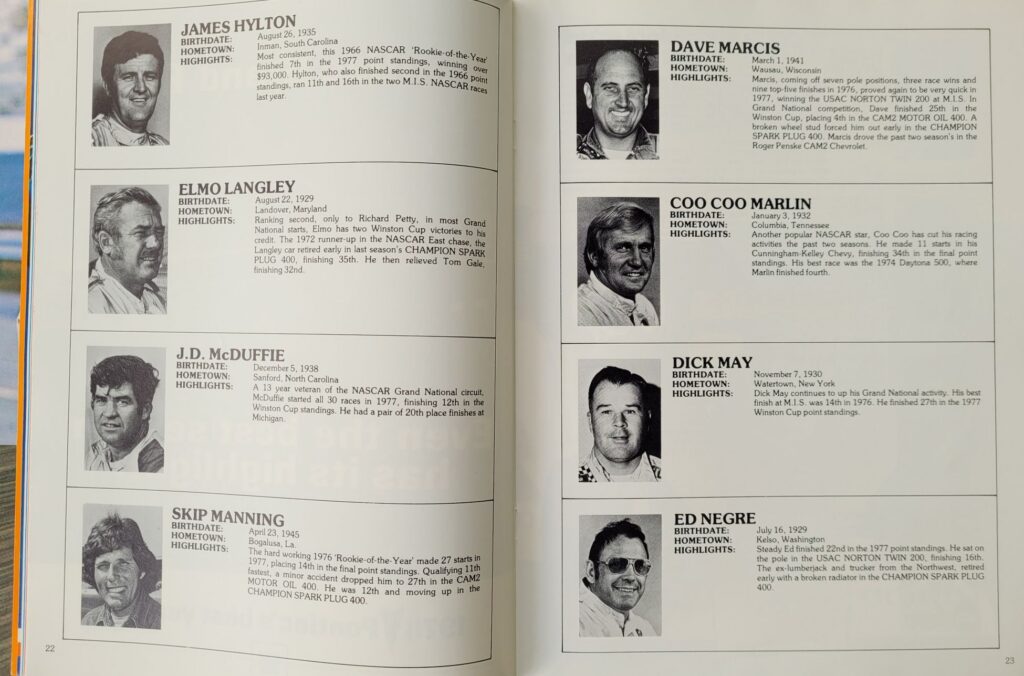 1978 NASCAR Michigan Champion Spark Plug 400 Program - Pages 22-23