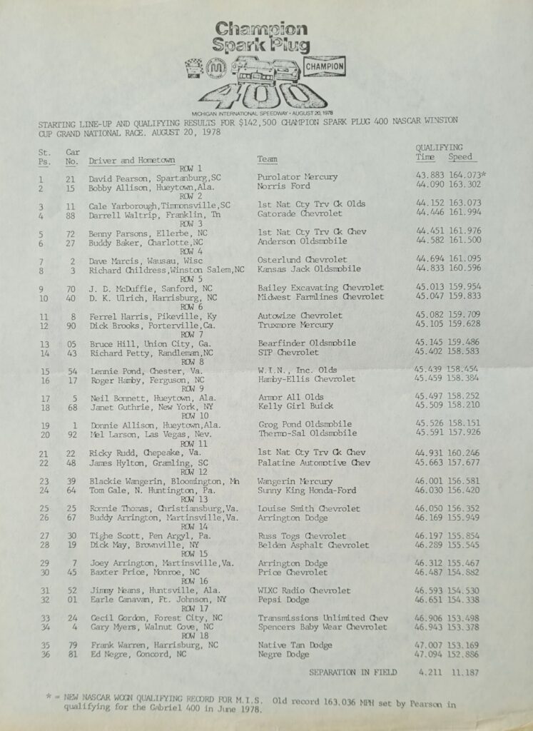 1978 NASCAR Michigan Champion Spark Plug 400 Starting Lineup