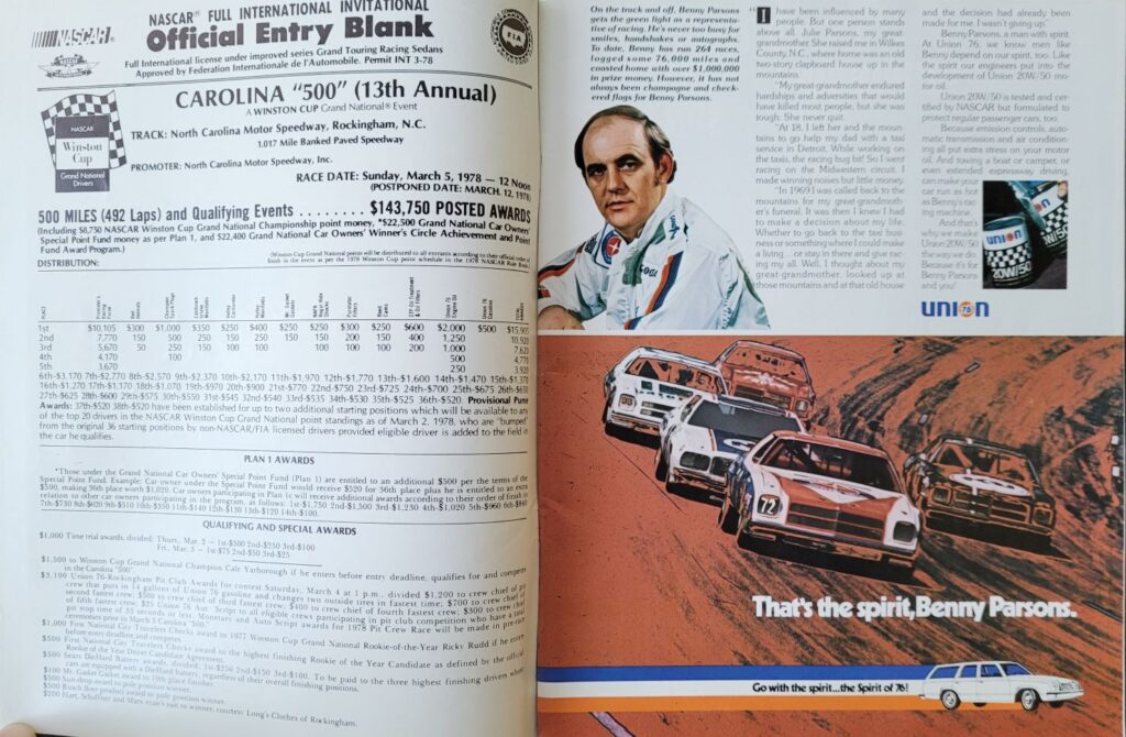 1978 NASCAR NCMS Rockingham Carolina 500 Program - Pages 2-3