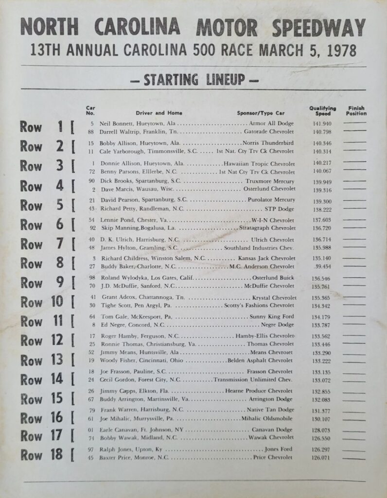 1978 NASCAR NCMS Rockingham Carolina 500 Starting Lineup