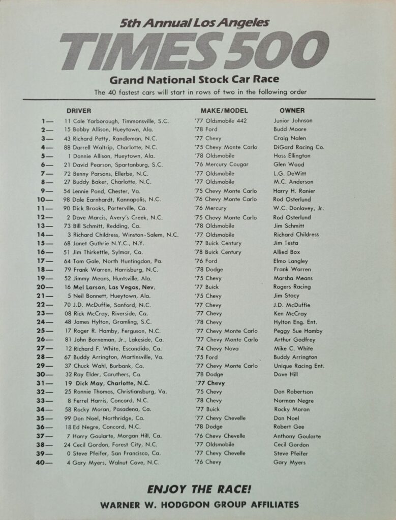 1978 NASCAR Ontario Los Angeles Times 500 Starting Lineup