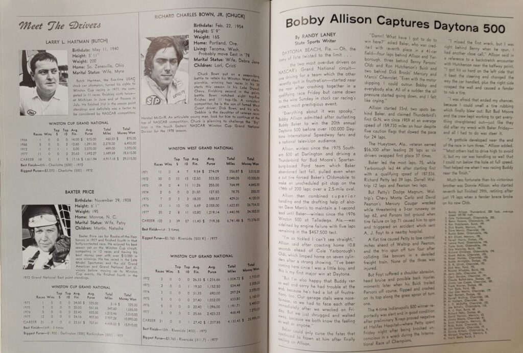 1978 NASCAR Richmond 400 Program - Bobby Allison Captures Daytona 500 
