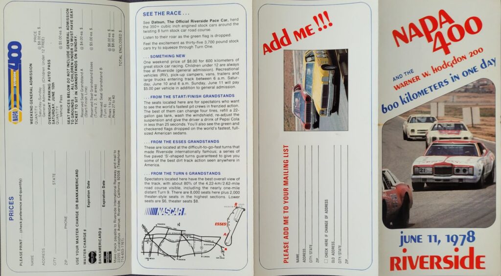1978 NASCAR Riverside NAPA 400 Ticketing Brochure - Exterior