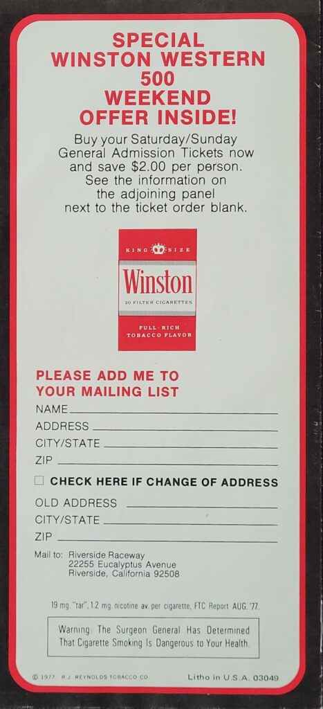 1978 NASCAR Riverside Winston Western 500 Ticketing Brochure - Back
