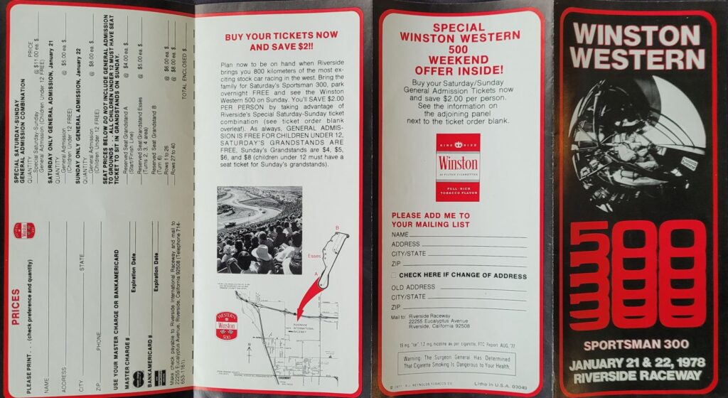 1978 NASCAR Riverside Winston Western 500 Ticketing Brochure - Exterior