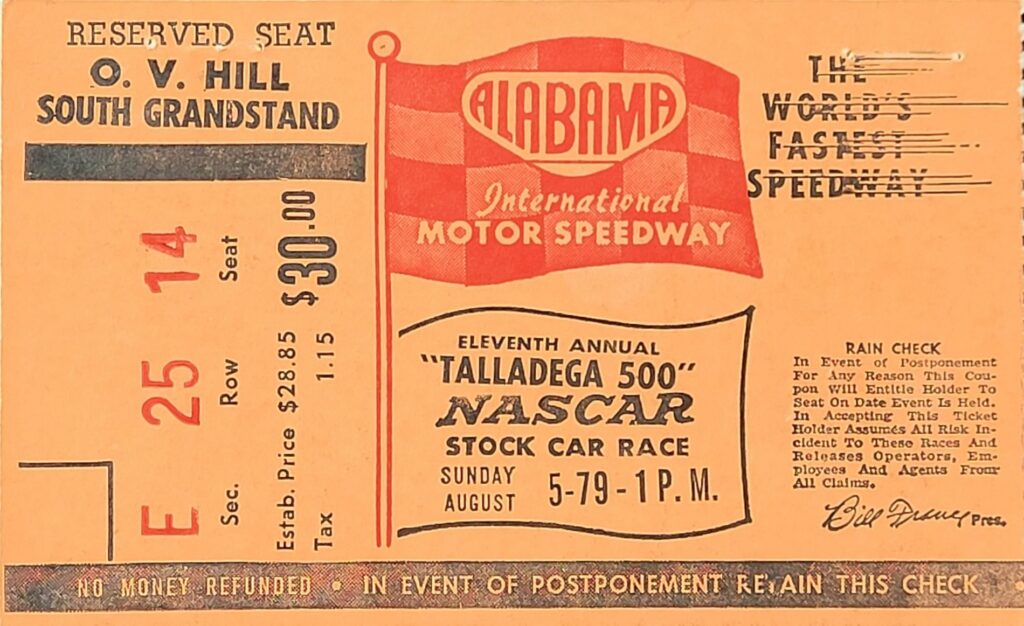 1979 NASCAR AIMS Talladega 500 Ticket Stub - Front