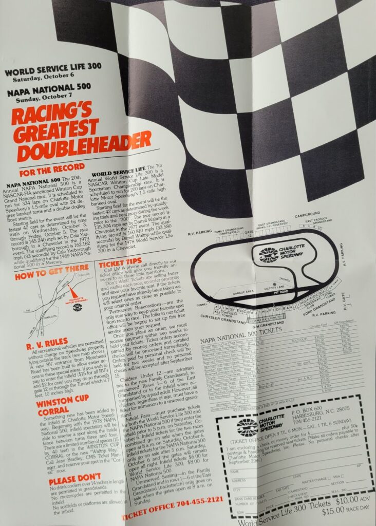 1979 NASCAR Charlotte NAPA National 500 Ticketing Brochure - Interior