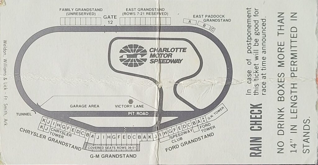 1979 NASCAR Charlotte World Service Life 300 Ticket Stub - Back