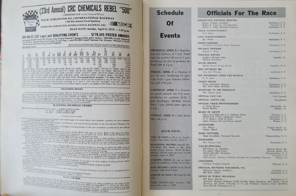1979 NASCAR Darlington CRC Chemicals Rebel 500 Program - Pages 2-3