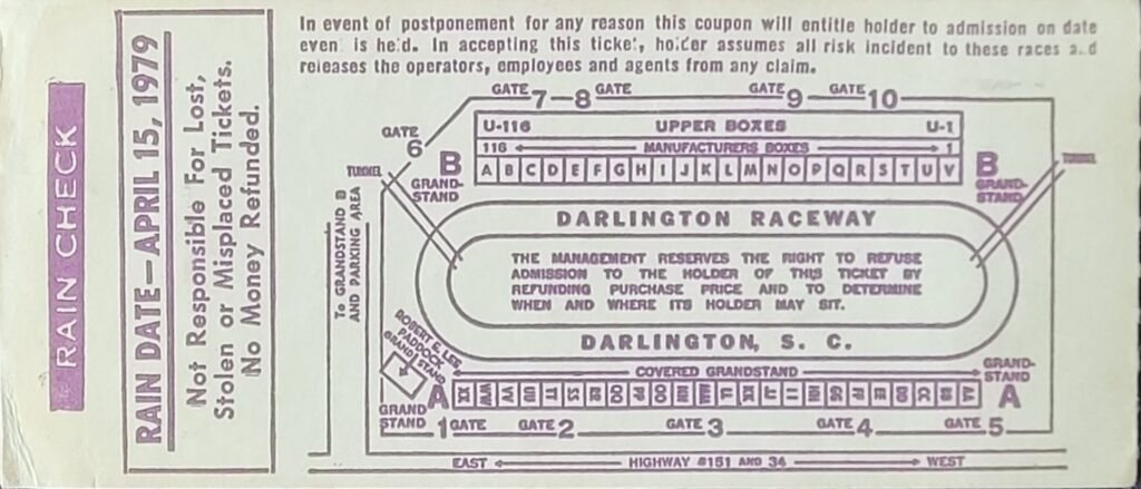 1979 NASCAR Darlington CRC Chemicals Rebel 500 Ticket Stub - Back