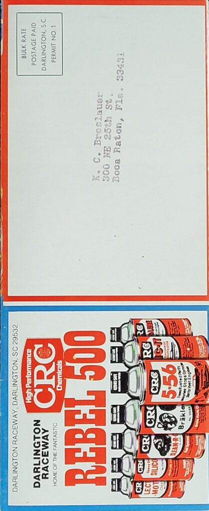 1979 NASCAR Darlington CRC Chemicals Rebel 500 Ticketing Brochure - Back