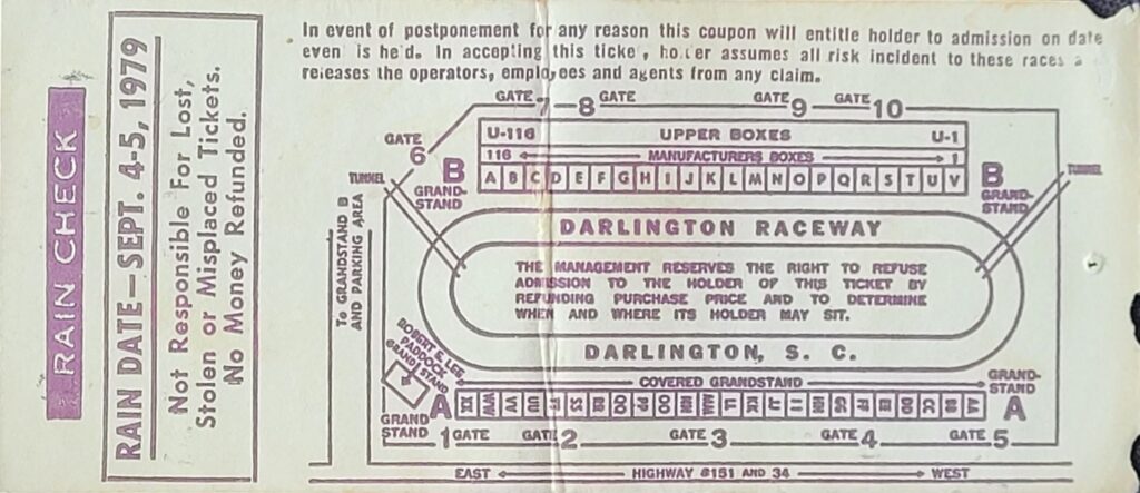 1979 NASCAR Darlington Southern 500 Ticket Stub - Back