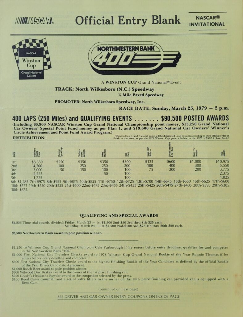 1979 NASCAR North Wilkesboro Northwestern Bank 400 Official Entry Blank