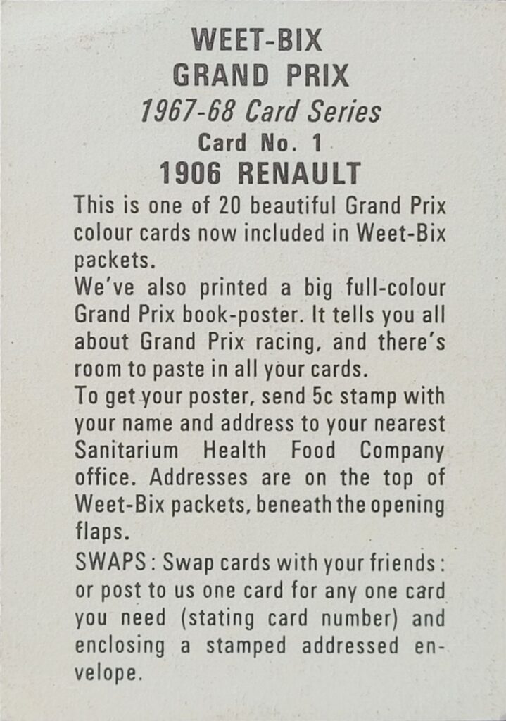 1967-68 Weet-Bix (AU) Grand Prix 1966 Repco-Brabham Card #20 - Back