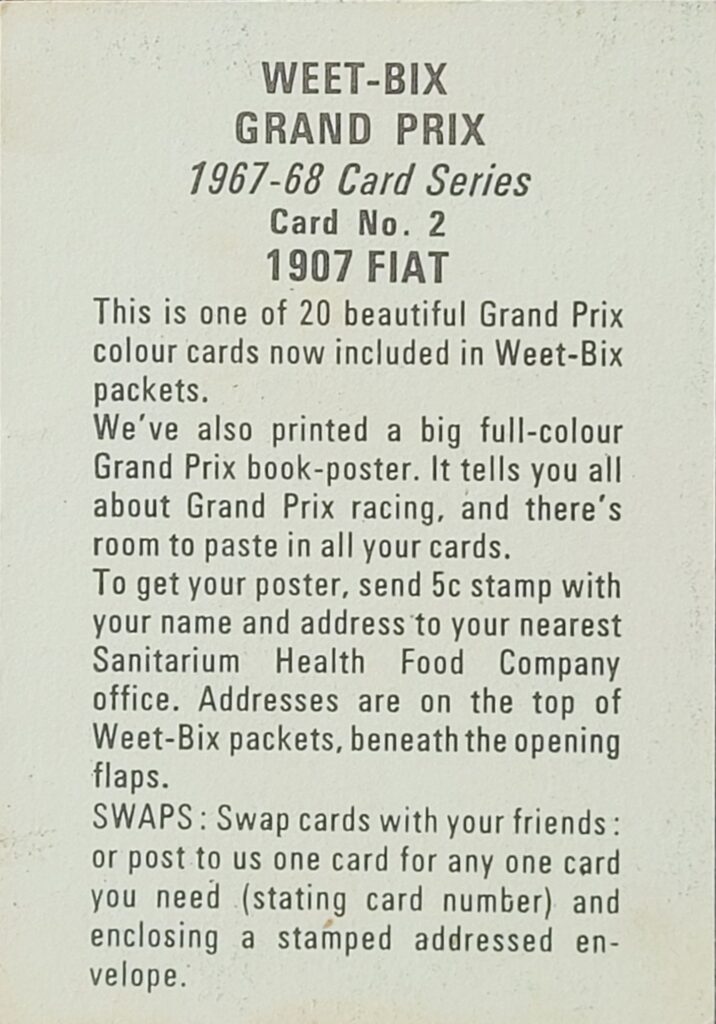 1967-68 Weet-Bix (AU) Grand Prix 1907 Fiat Card #2 