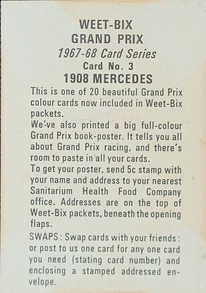 1967-68 Weet-Bix (AU) Grand Prix 1907 Fiat Card #2 
