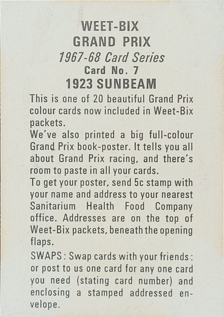 1967-68 Weet-Bix (AU) Grand Prix 
1923 Sunbeam Card #7 