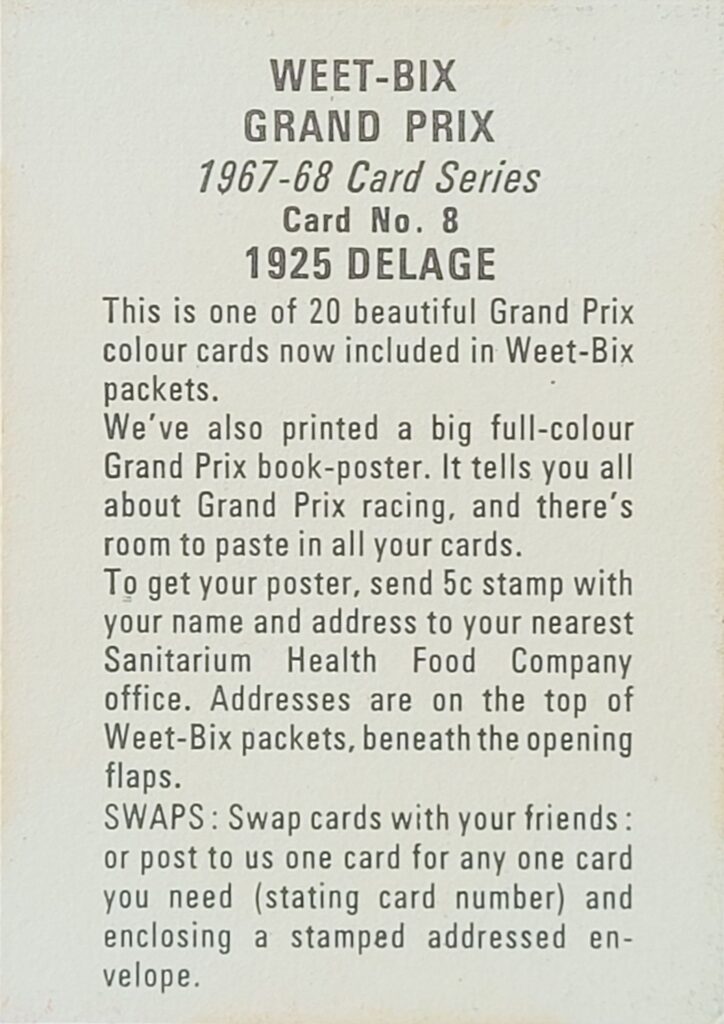 1967-68 Weet-Bix (AU) Grand Prix 1925 Delage Card #8 