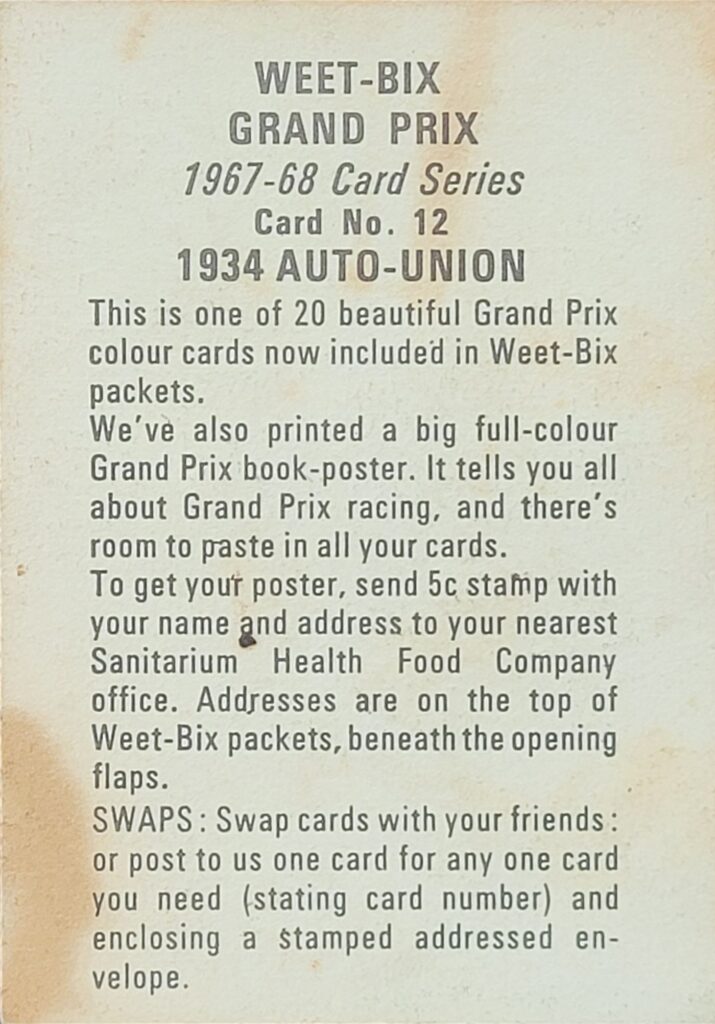 1967-68 Weet-Bix (AU) Grand Prix 
1934 Auto-Union Card #12 