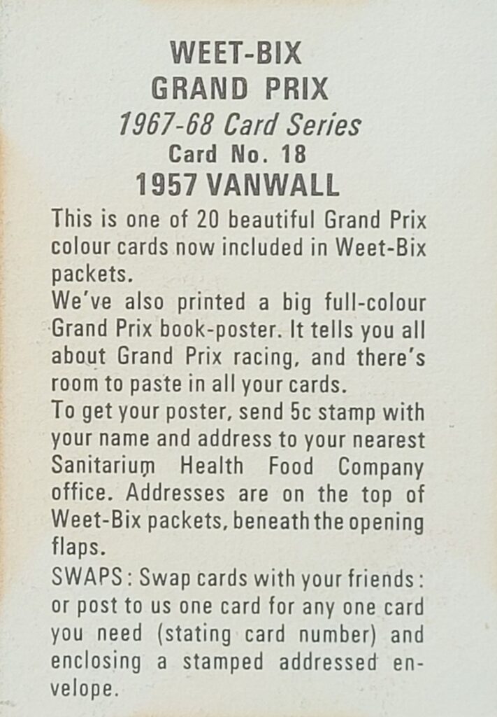1967-68 Weet-Bix (AU) Grand Prix 
1957 Vanwall Card #18 