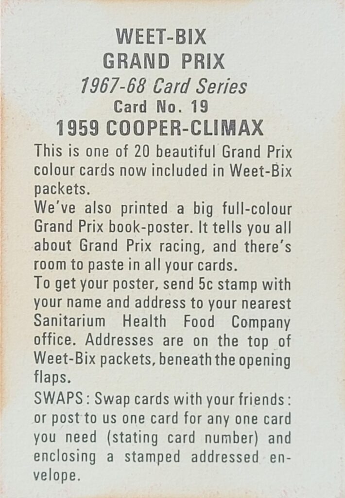 1967-68 Weet-Bix (AU) Grand Prix 
1959 Cooper-Climax Card #19 