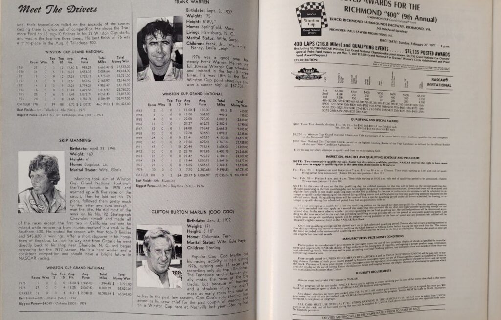 1977 NASCAR Richmond 400 Program - Posted Awards